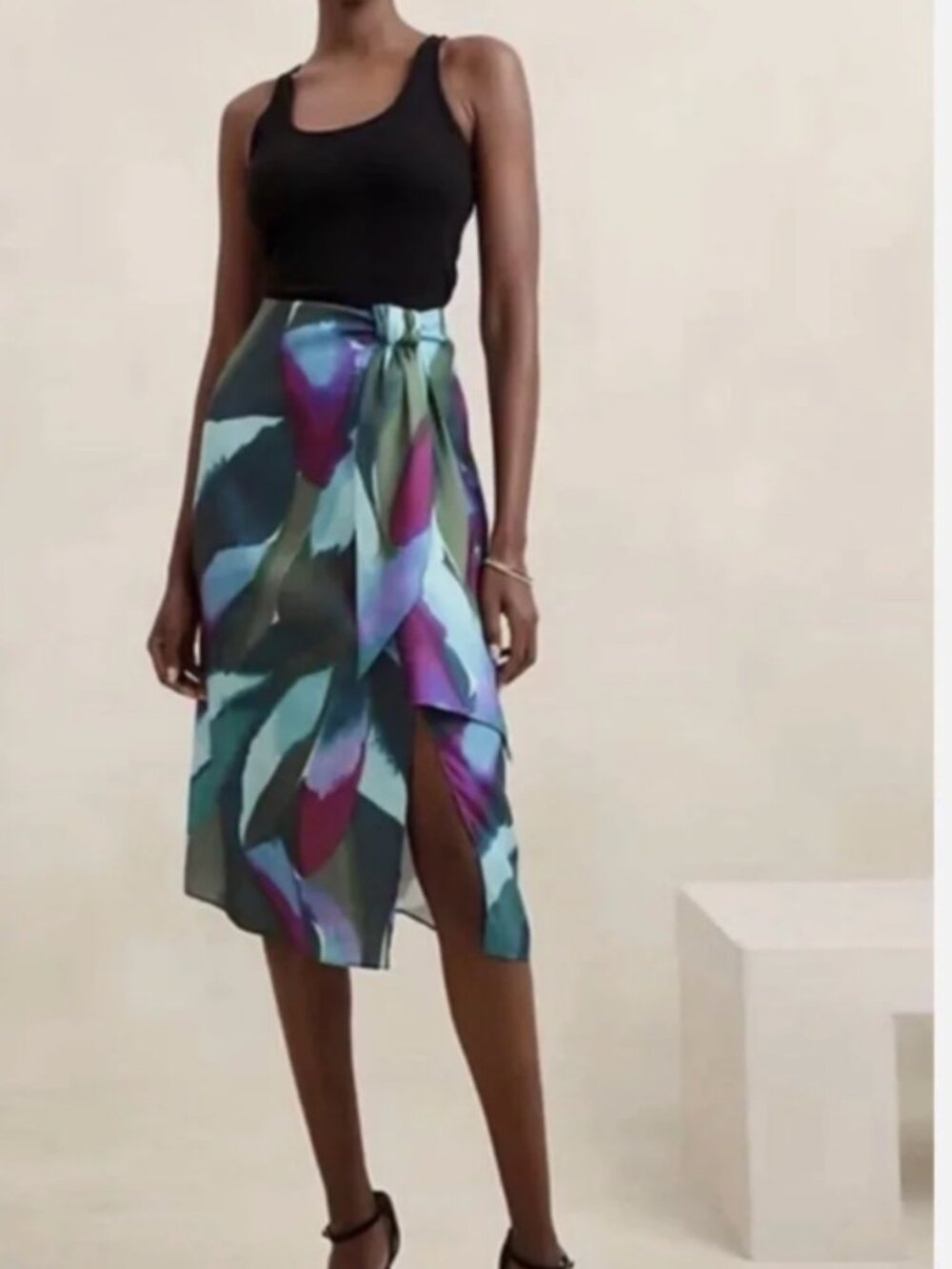 Banana Republic Watercolor Peacock Satin Midi Skirt